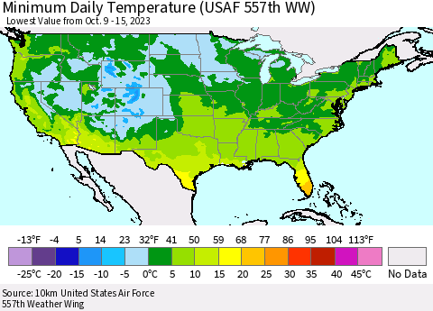 United States Minimum Daily Temperature (USAF 557th WW) Thematic Map For 10/9/2023 - 10/15/2023