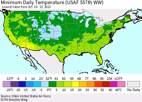 United States Minimum Daily Temperature (USAF 557th WW) Thematic Map For 10/16/2023 - 10/22/2023