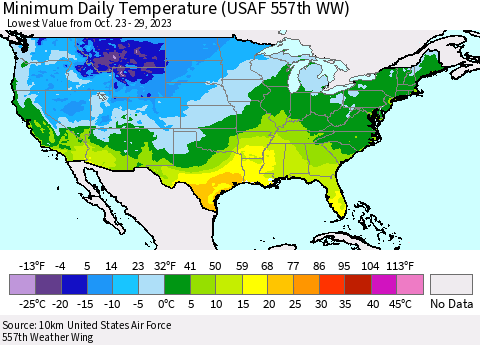 United States Minimum Daily Temperature (USAF 557th WW) Thematic Map For 10/23/2023 - 10/29/2023