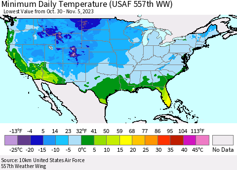 United States Minimum Daily Temperature (USAF 557th WW) Thematic Map For 10/30/2023 - 11/5/2023