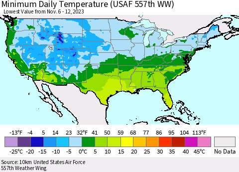 United States Minimum Daily Temperature (USAF 557th WW) Thematic Map For 11/6/2023 - 11/12/2023