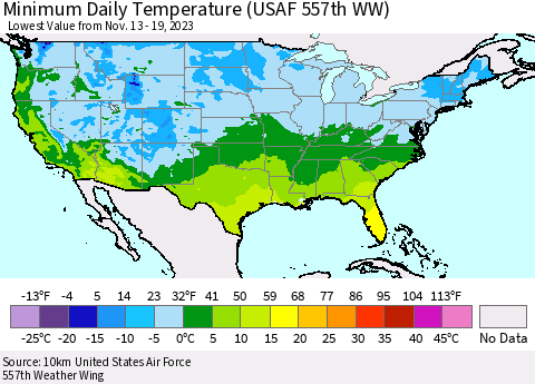 United States Minimum Daily Temperature (USAF 557th WW) Thematic Map For 11/13/2023 - 11/19/2023