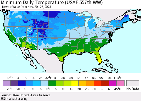 United States Minimum Daily Temperature (USAF 557th WW) Thematic Map For 11/20/2023 - 11/26/2023