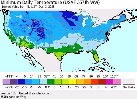 United States Minimum Daily Temperature (USAF 557th WW) Thematic Map For 11/27/2023 - 12/3/2023