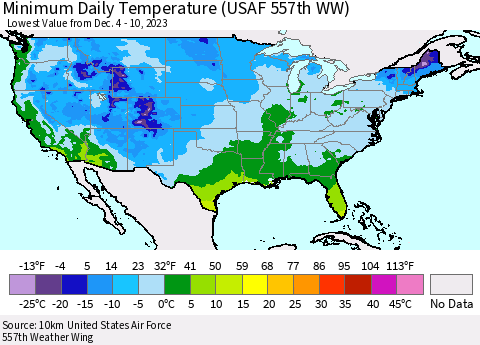 United States Minimum Daily Temperature (USAF 557th WW) Thematic Map For 12/4/2023 - 12/10/2023