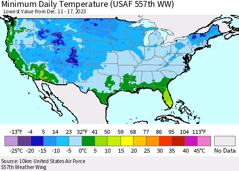 United States Minimum Daily Temperature (USAF 557th WW) Thematic Map For 12/11/2023 - 12/17/2023