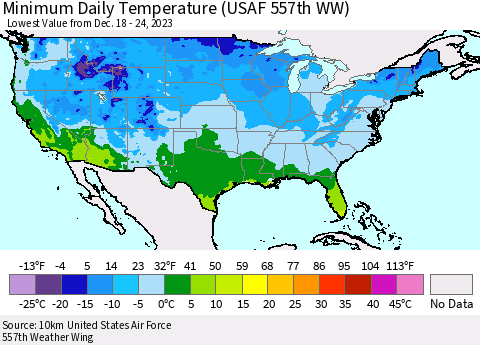 United States Minimum Daily Temperature (USAF 557th WW) Thematic Map For 12/18/2023 - 12/24/2023