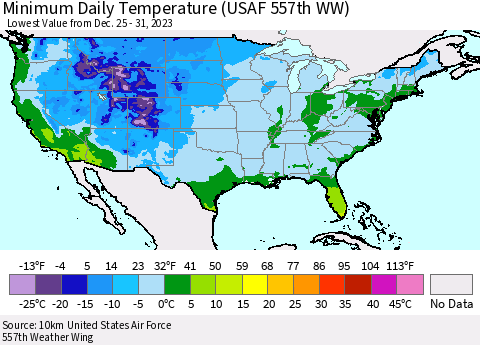 United States Minimum Daily Temperature (USAF 557th WW) Thematic Map For 12/25/2023 - 12/31/2023