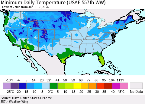 United States Minimum Daily Temperature (USAF 557th WW) Thematic Map For 1/1/2024 - 1/7/2024