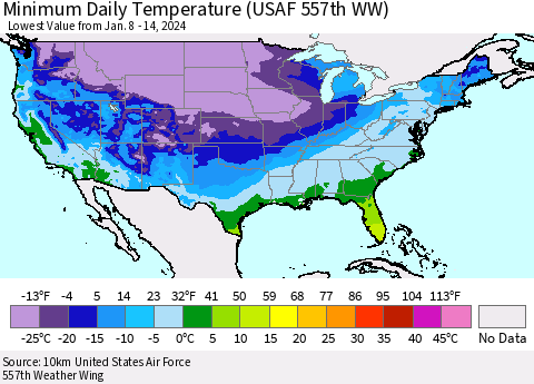 United States Minimum Daily Temperature (USAF 557th WW) Thematic Map For 1/8/2024 - 1/14/2024