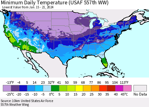 United States Minimum Daily Temperature (USAF 557th WW) Thematic Map For 1/15/2024 - 1/21/2024