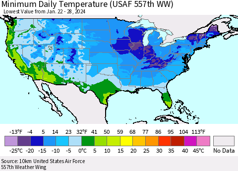 United States Minimum Daily Temperature (USAF 557th WW) Thematic Map For 1/22/2024 - 1/28/2024