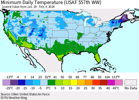 United States Minimum Daily Temperature (USAF 557th WW) Thematic Map For 1/29/2024 - 2/4/2024