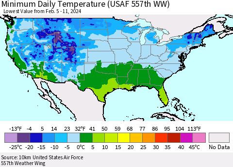 United States Minimum Daily Temperature (USAF 557th WW) Thematic Map For 2/5/2024 - 2/11/2024