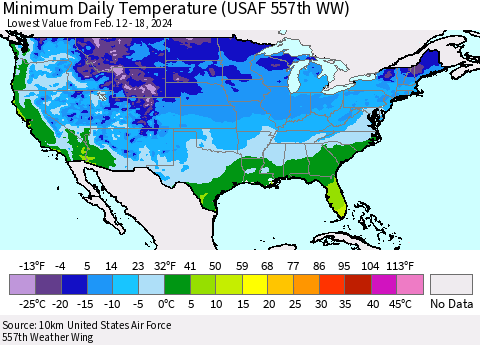 United States Minimum Daily Temperature (USAF 557th WW) Thematic Map For 2/12/2024 - 2/18/2024