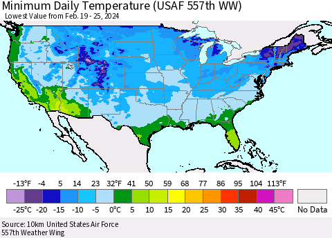 United States Minimum Daily Temperature (USAF 557th WW) Thematic Map For 2/19/2024 - 2/25/2024