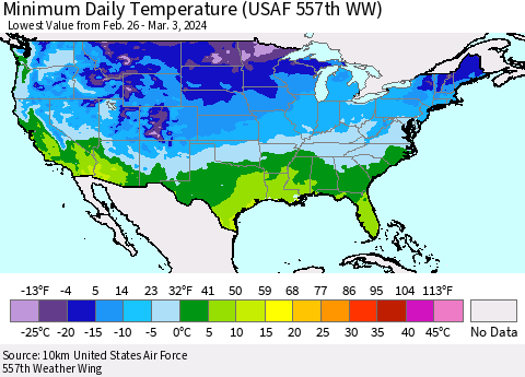 United States Minimum Daily Temperature (USAF 557th WW) Thematic Map For 2/26/2024 - 3/3/2024