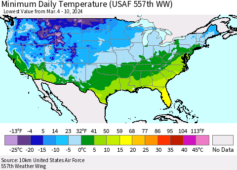 United States Minimum Daily Temperature (USAF 557th WW) Thematic Map For 3/4/2024 - 3/10/2024