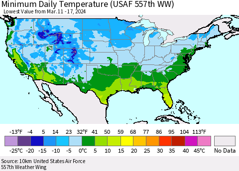 United States Minimum Daily Temperature (USAF 557th WW) Thematic Map For 3/11/2024 - 3/17/2024