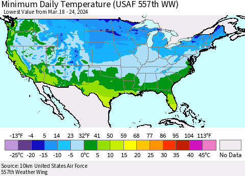 United States Minimum Daily Temperature (USAF 557th WW) Thematic Map For 3/18/2024 - 3/24/2024
