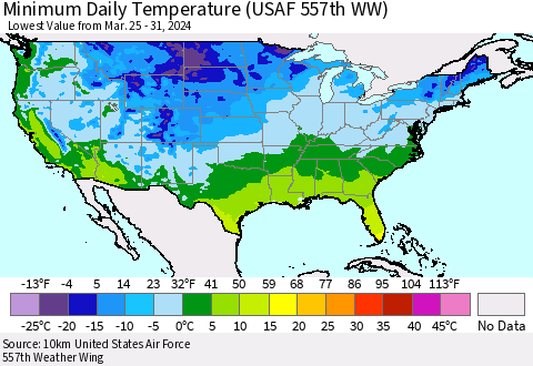 United States Minimum Daily Temperature (USAF 557th WW) Thematic Map For 3/25/2024 - 3/31/2024