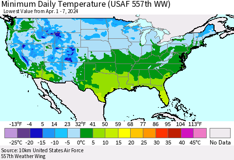 United States Minimum Daily Temperature (USAF 557th WW) Thematic Map For 4/1/2024 - 4/7/2024