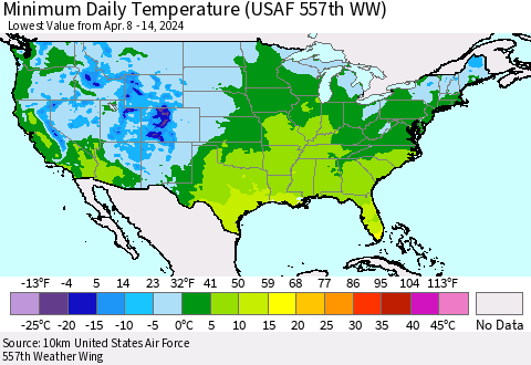 United States Minimum Daily Temperature (USAF 557th WW) Thematic Map For 4/8/2024 - 4/14/2024