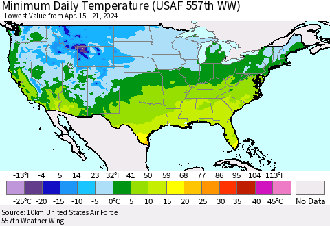 United States Minimum Daily Temperature (USAF 557th WW) Thematic Map For 4/15/2024 - 4/21/2024