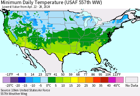 United States Minimum Daily Temperature (USAF 557th WW) Thematic Map For 4/22/2024 - 4/28/2024