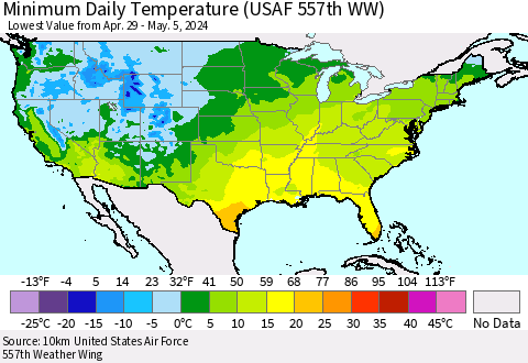 United States Minimum Daily Temperature (USAF 557th WW) Thematic Map For 4/29/2024 - 5/5/2024