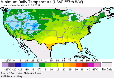United States Minimum Daily Temperature (USAF 557th WW) Thematic Map For 5/6/2024 - 5/12/2024