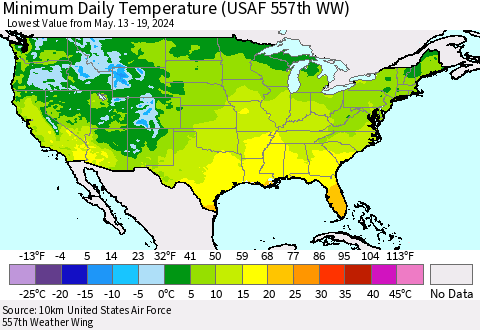 United States Minimum Daily Temperature (USAF 557th WW) Thematic Map For 5/13/2024 - 5/19/2024