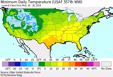 United States Minimum Daily Temperature (USAF 557th WW) Thematic Map For 5/20/2024 - 5/26/2024