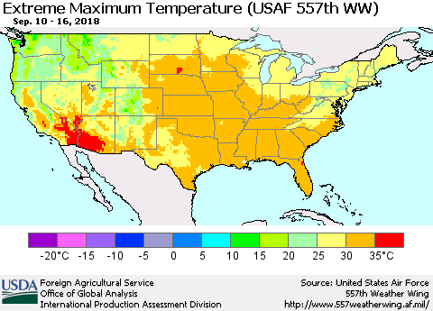 United States Maximum Daily Temperature (USAF 557th WW) Thematic Map For 9/10/2018 - 9/16/2018