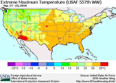 United States Maximum Daily Temperature (USAF 557th WW) Thematic Map For 9/17/2018 - 9/23/2018