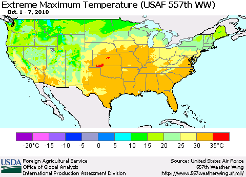 United States Maximum Daily Temperature (USAF 557th WW) Thematic Map For 10/1/2018 - 10/7/2018