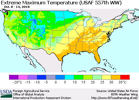 United States Maximum Daily Temperature (USAF 557th WW) Thematic Map For 10/8/2018 - 10/14/2018