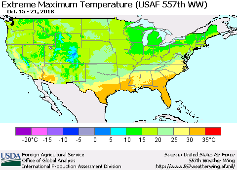 United States Maximum Daily Temperature (USAF 557th WW) Thematic Map For 10/15/2018 - 10/21/2018