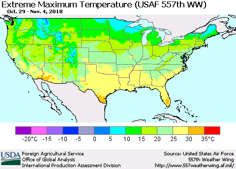 United States Maximum Daily Temperature (USAF 557th WW) Thematic Map For 10/29/2018 - 11/4/2018