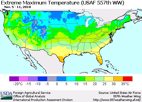 United States Maximum Daily Temperature (USAF 557th WW) Thematic Map For 11/5/2018 - 11/11/2018