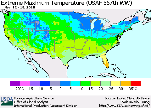 United States Maximum Daily Temperature (USAF 557th WW) Thematic Map For 11/12/2018 - 11/18/2018