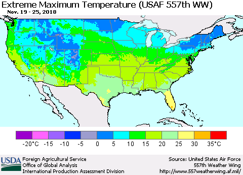 United States Maximum Daily Temperature (USAF 557th WW) Thematic Map For 11/19/2018 - 11/25/2018