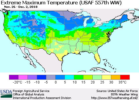 United States Maximum Daily Temperature (USAF 557th WW) Thematic Map For 11/26/2018 - 12/2/2018