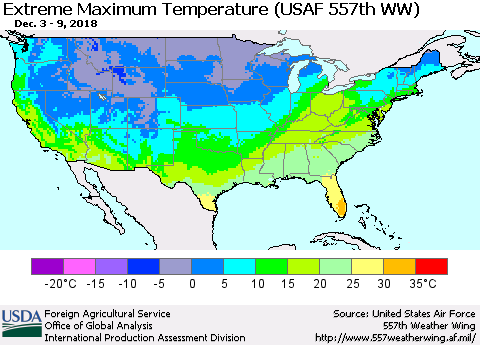 United States Maximum Daily Temperature (USAF 557th WW) Thematic Map For 12/3/2018 - 12/9/2018