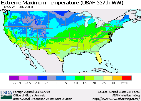 United States Maximum Daily Temperature (USAF 557th WW) Thematic Map For 12/24/2018 - 12/30/2018