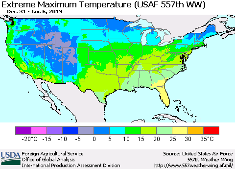 United States Maximum Daily Temperature (USAF 557th WW) Thematic Map For 12/31/2018 - 1/6/2019