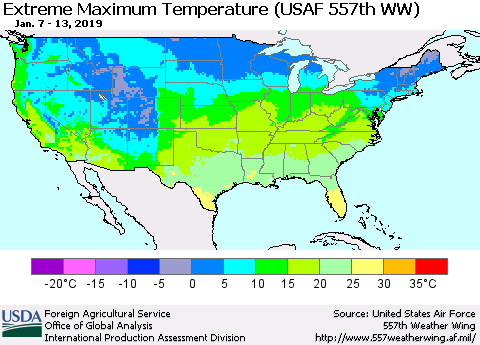United States Maximum Daily Temperature (USAF 557th WW) Thematic Map For 1/7/2019 - 1/13/2019