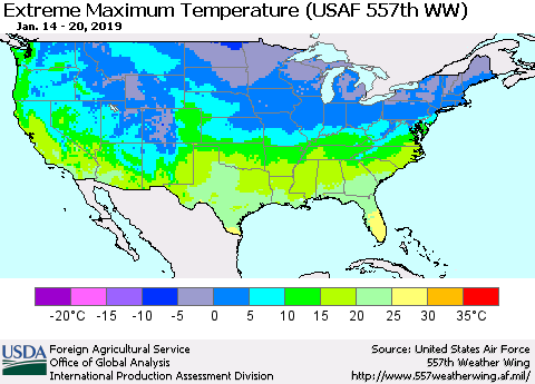 United States Maximum Daily Temperature (USAF 557th WW) Thematic Map For 1/14/2019 - 1/20/2019