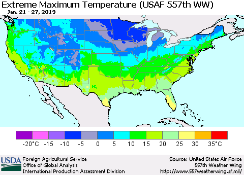United States Maximum Daily Temperature (USAF 557th WW) Thematic Map For 1/21/2019 - 1/27/2019