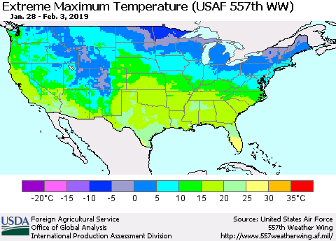United States Maximum Daily Temperature (USAF 557th WW) Thematic Map For 1/28/2019 - 2/3/2019